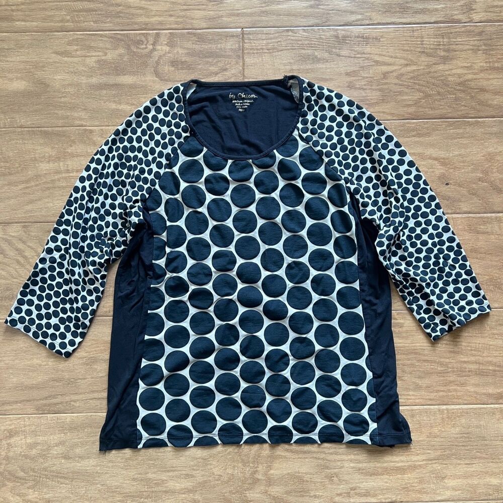 Chico's Polka Dot 3/4 Sleeve Tee T-Shirt Size 2 (L) Black/White